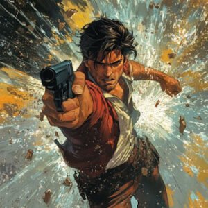 action scene of strong guy with gun moving forward