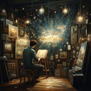 A man sitting in an Art room in front of his Literature Book