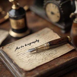 old autobiography book with note and pen
