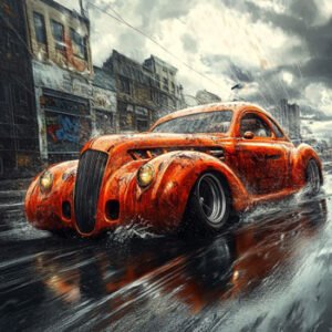 classic expensive red car driving through rain