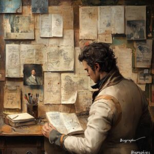 Man reading an old biography in a room with books and notes