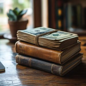 stack of cash on finance books