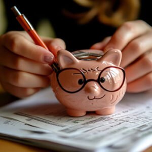 man working on budgeting with pen and piggybank 
