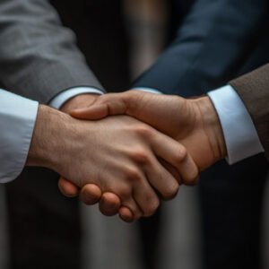 4 hands of business colleagues shaking