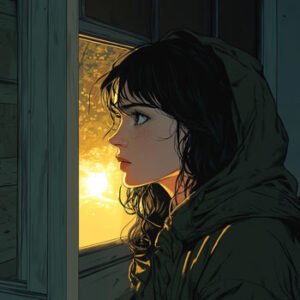 comic girl staring out of window