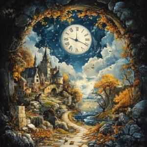 clock in midst of mythical surroundings between clouds