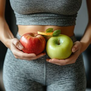 woman holding 2 kinds of apples