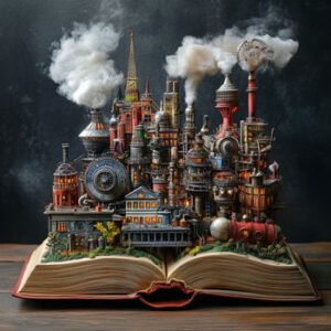 artificial engineering book with machinery coming out of it