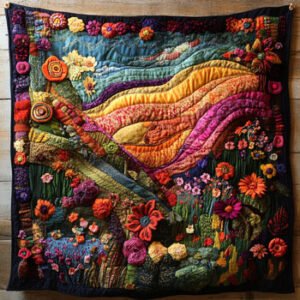 colorful textile art piece hanging on wall