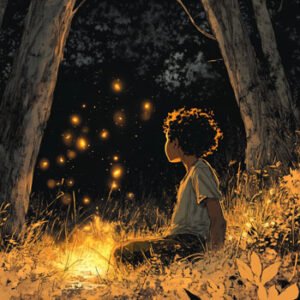 scene of young boy and mysterious sparks at night