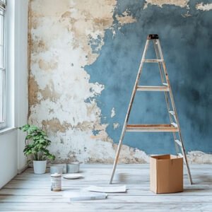 ladder standing in living room for refurbishing