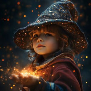 young kid dressed as sorcerer doing magic
