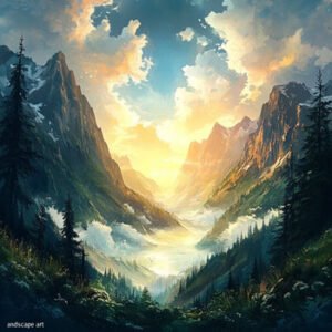 Landscape showing mountains and valley with sunshine at dawn