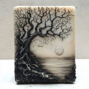 mini calendar with tree in front of lake and moon