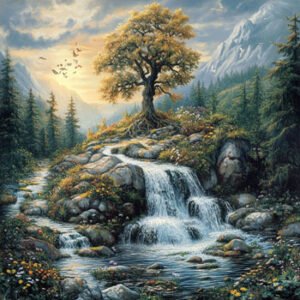 beautiful scenery in nature with tree and flowing river