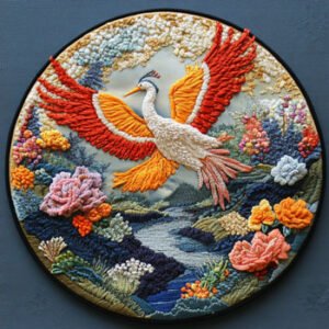 needlecrafted bird on landscape with river and flowers