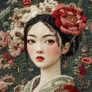 needlework of beautiful japanese woman with flowers