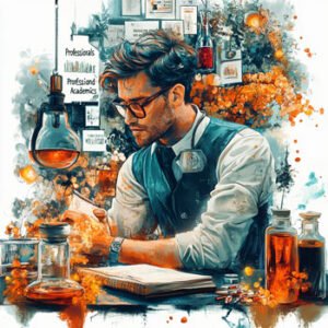 Academic guy with text book sitting in front of science experiment