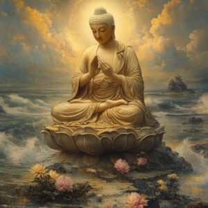 Buddhist statue during meditation in mids of water with sun and coulds in background