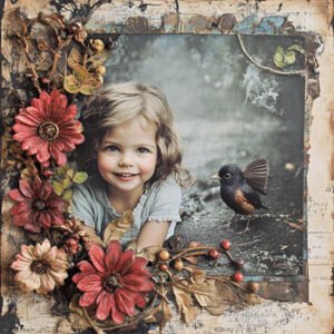 scrapbook with flowers and cute kid and bird on its cover