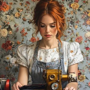 beautiful young woman using a sewing machine - flower background