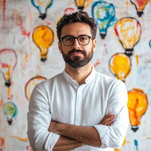 startup member posing in front of light bulb background