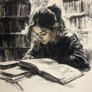 female student studying book in library with book shelves in background