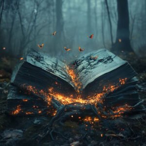 myterious book burning in the forest with butterflies being around it