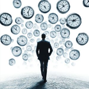 Man in suit standing in front of many clocks