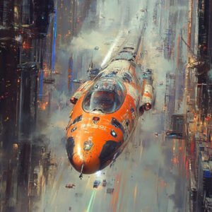 futuristic air vehicle flying through city