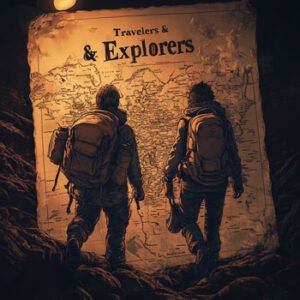 Two travelling explorers walking in front of a map
