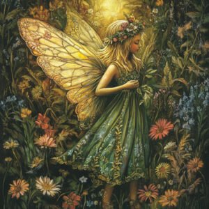 girl with wings in midst of flowers