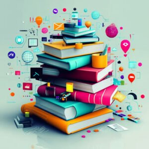 web marketing symbols around stack of books