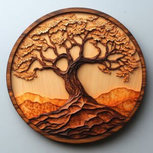 piece of woodwork with tree and mountains on it