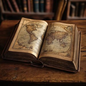 opened historic book showing world map