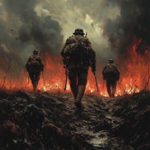 World War I soldiers on battlefied walking towards fire