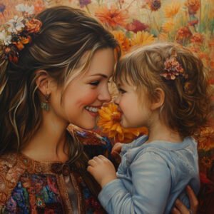 mother and adopted child with flowers in background