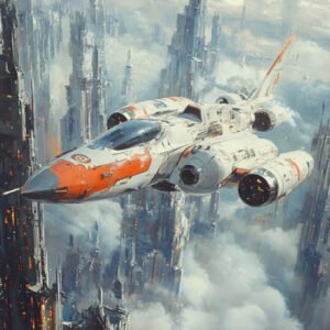 futuristic aircraft flying through city