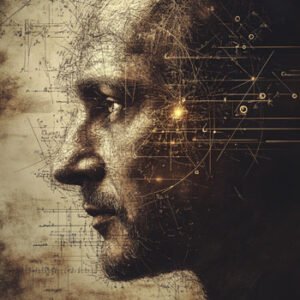 mathematical illustration side view close-up of man with numbers around his face