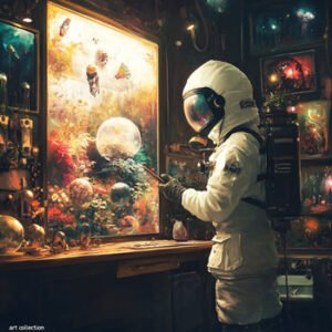 guy in astronaut costume with his art collection 