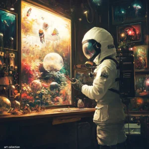 guy in astronaut costume with his art collection 