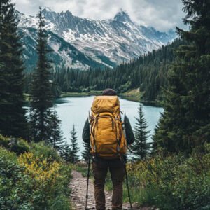 man backpacking through forst with lakes and mountains in background