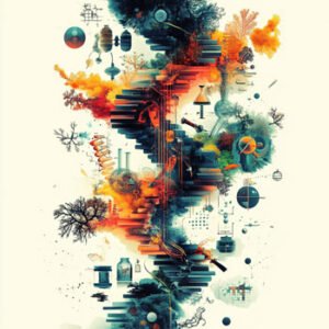 illustrative image of blend of stairs and DNA with symbols around it