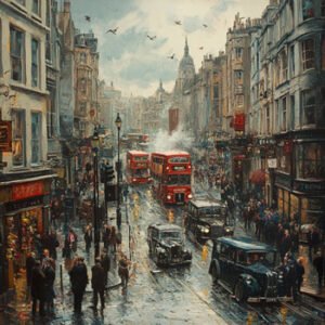 British scenery with routemasters and British automobiles in city