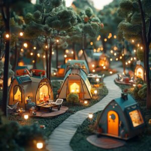 model park full with enlightened tents
