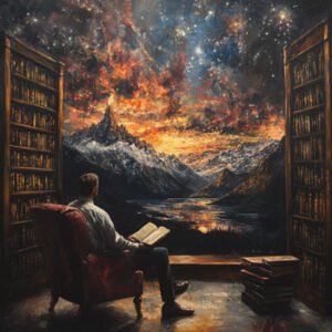 illustration of man between book chelves looking at beautiful scenery in nature.