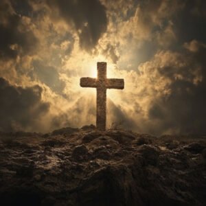 huge jesus cross on heightened area in nature with sunshine between clouds in background