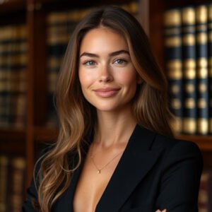 young woman standing in front of book shelves