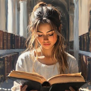 beautiful female college student studying book in library with book shelves being in background