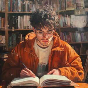 male student studying book